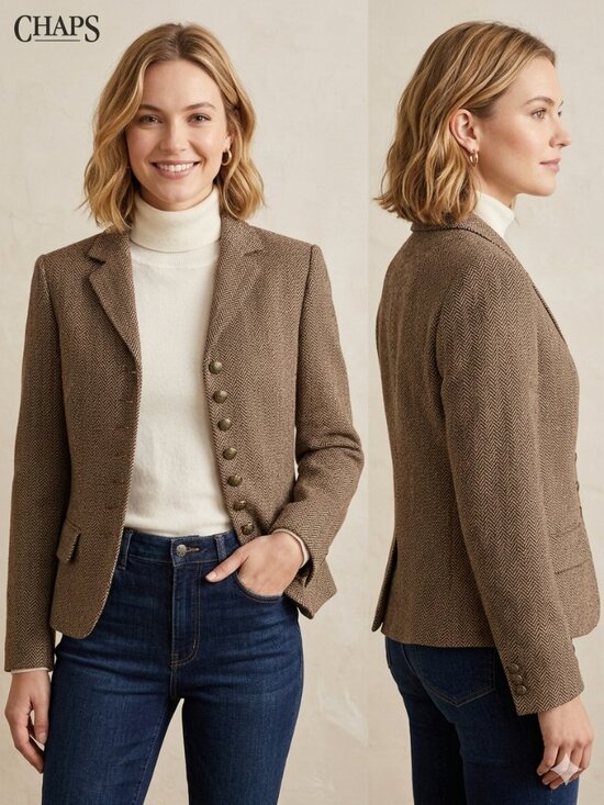 Chaps Jackets & Blazers - Chaps Womens Herringbone Brown/Khaki Blazer Wool Blend Bronze Buttons Size Large